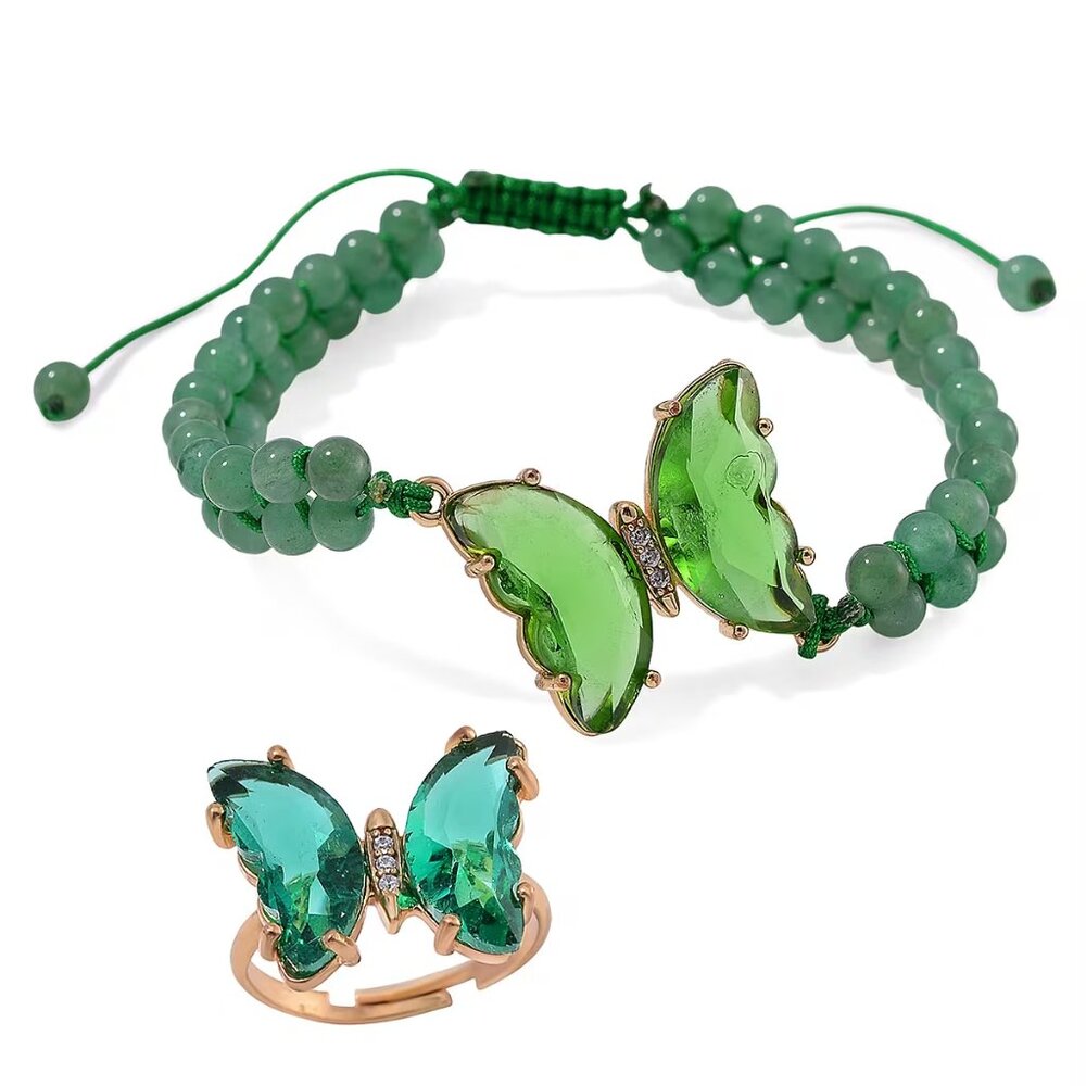 Beautiful Green Glass and Green Aventurine Beaded Butterfly Bracelet and Ring